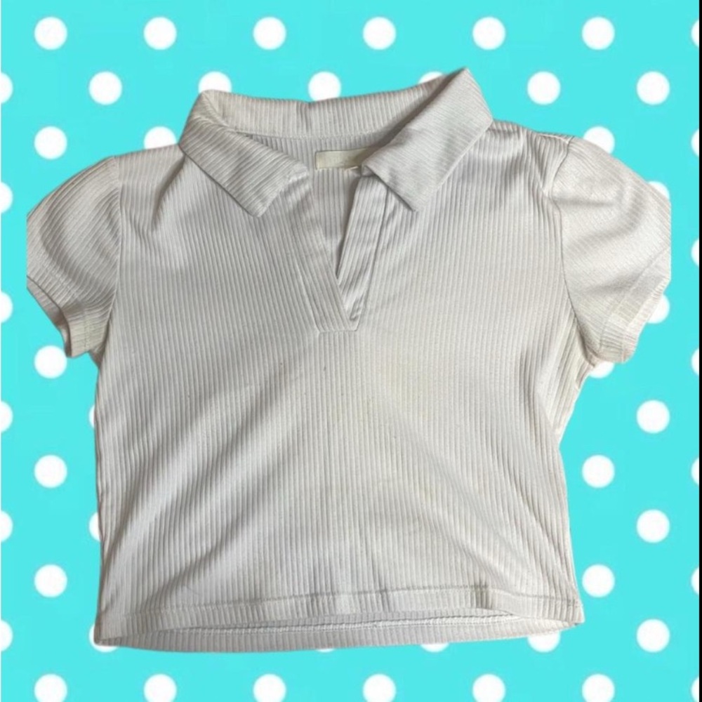 White Ribbed Collared Crop Top